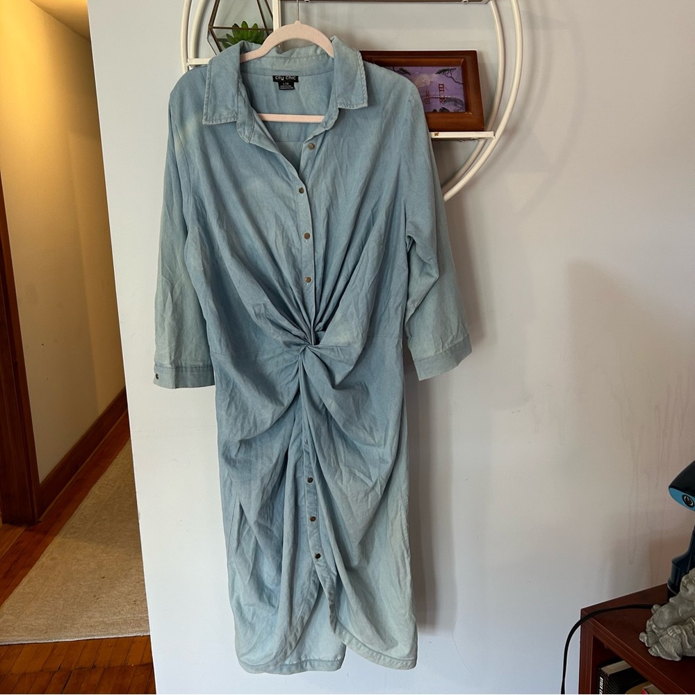 City Chic Women's Large 20 Chambray Twist-Front Blue Denim Shirt Dress